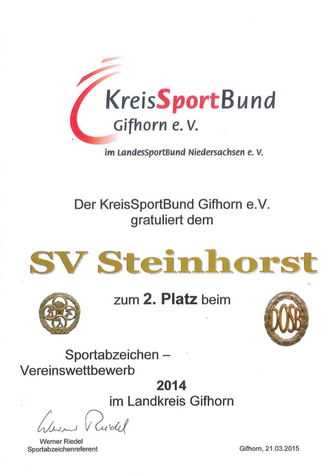 2. Platz beim Sportabzeichenvereinswettbewerb für den SV Steinhorst 2014
